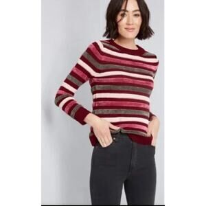 ModCloth Sweater Womens XS Burgundy Pink Duly Noticed Striped Pullover Crewneck